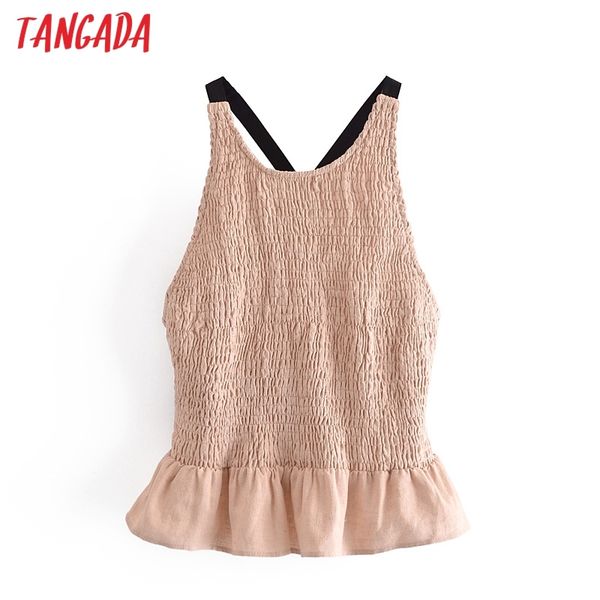 

women khaki pleated ruffles tank sleeveless backless bow female 3h284 210416, White