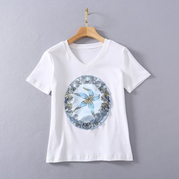 

european and american women's clothing 2021 the spring short sleeve ironing drill pattern fashion cotton t-shirt fjwg, White