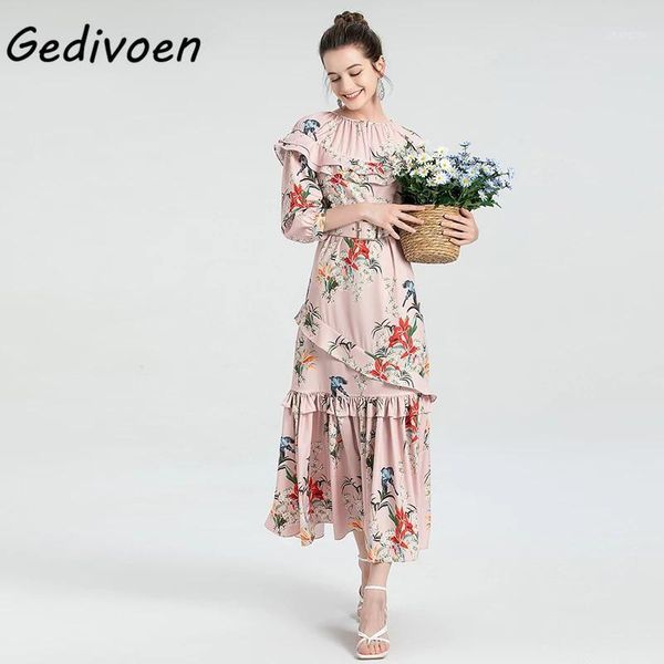 

casual dresses gedivoen fashion designer summer long dress women's o-neck lantern sleeve ruffles sashes flower print vacation, Black;gray