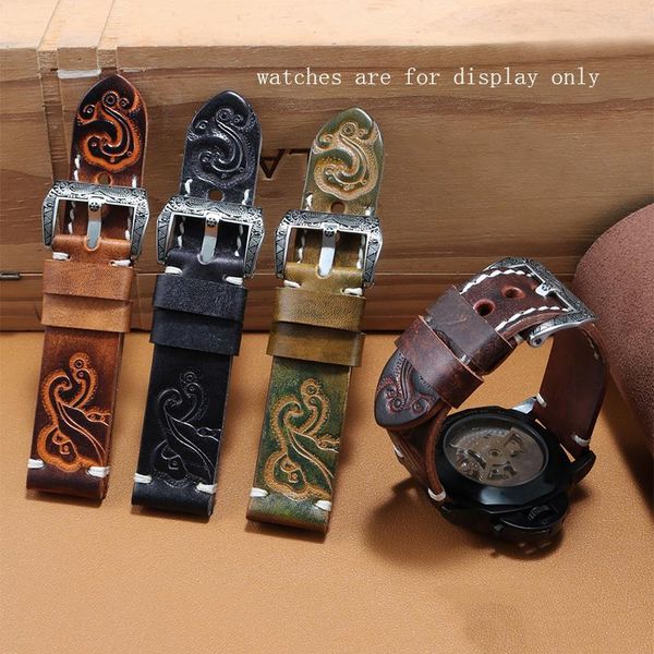 

watch bands hand made retro carved genuine leather watchband 18 20 22 24mm black red bracelet replacement strap for men's accessories, Black;brown
