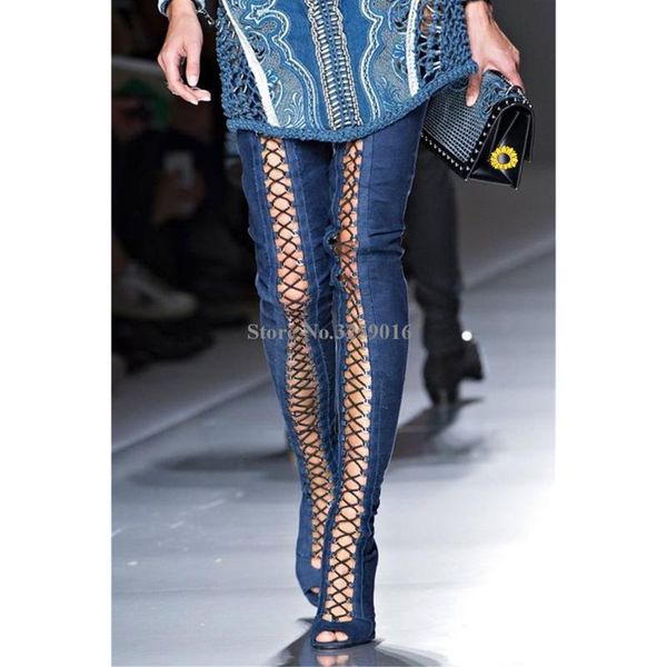 

boots selling women fashion open toe lace-up bandage denim over knee gladiator stiletto heel slim thigh high long, Black