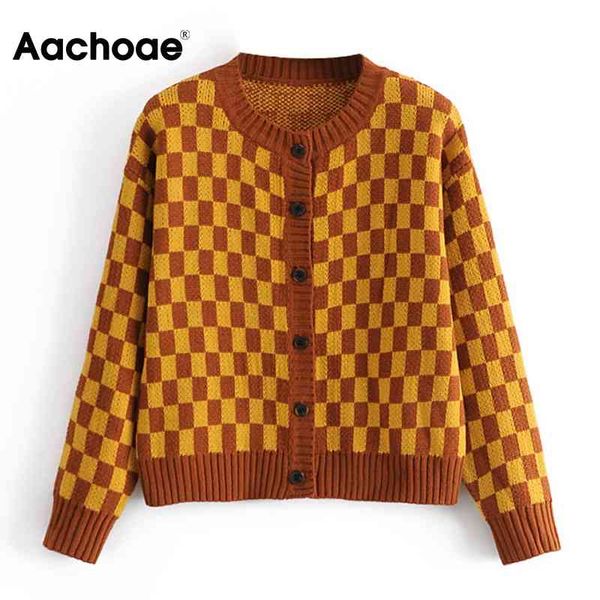 

vintage knitted plaid cardigan women single breasted causal sweater female o neck long sleeve outerwear coat 210413, White;black