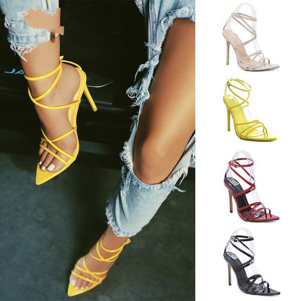 

super high 11.5cm thin heels women sandals ankle strap pumps shoes woman ladies pointed toe dress party ert5, Black