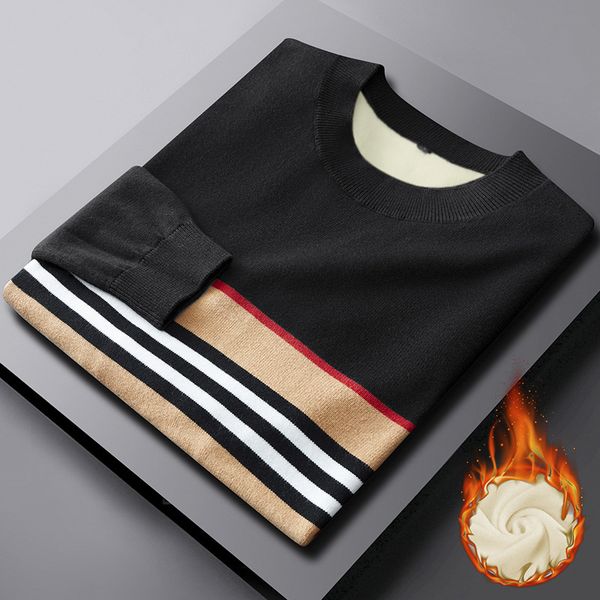 

sweater knit pusite men's clothing autumn and winter 2021 striped color matching base shirt trend round neck plush, White;black