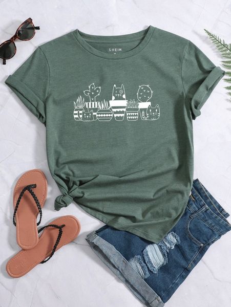 

cartoon & cactus print tee f6yp#, White