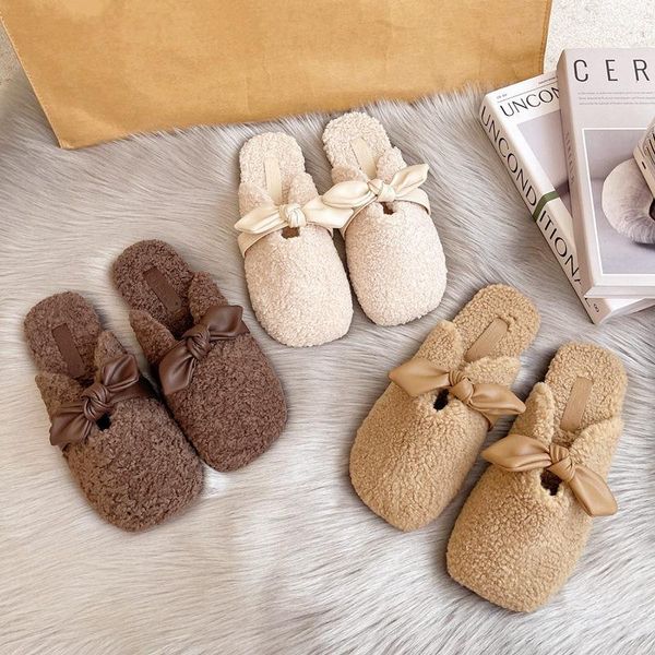 

slippers shoes women butterfly-knot casual fur flip flops flock loafers pantofle low slides cover toe soft luxury plush 2021, Black