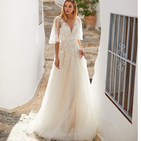 

wedding dress a-line batwing v-neck lace appliques bridal gowns elegant backless tulle a line vestido de noiva, White