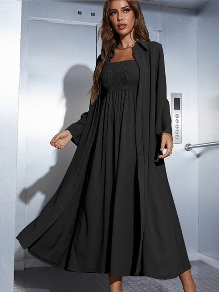 

shirred cami dress & open front coat d8wk#, White