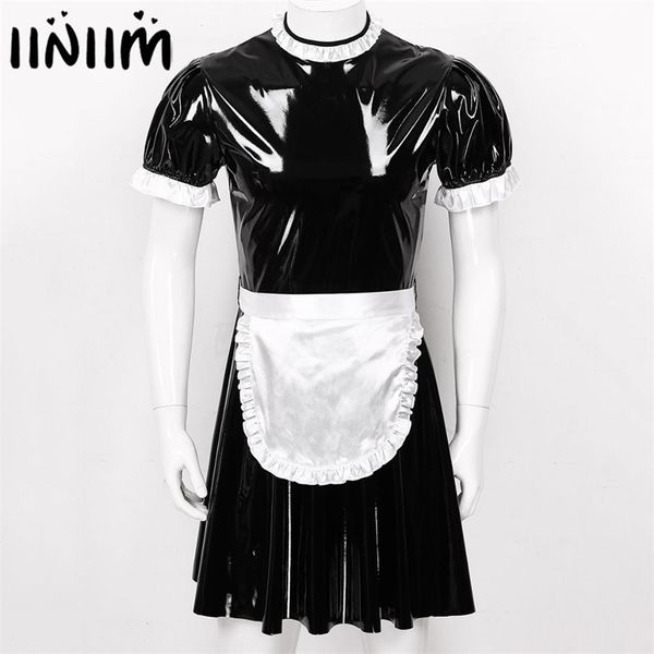 Uomo Sissy Maid Dress Costume Cosplay Clubwear Manica corta a sbuffo Wetlook Latex Servo Uniforme svasato con grembiule 211223