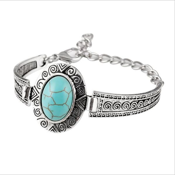 

men's oval beads tibetan silver turquoise link chain bracelets gstqb034 fashion gift national style women men diy bracelet, Black