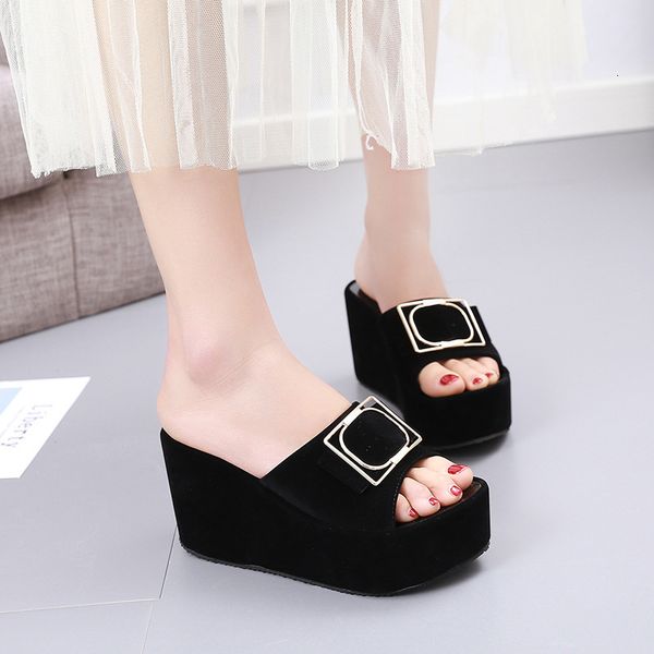 

luxury slippers high heeled women's summer fashion wear thick soled slippers 2021 beach slope heel sandals suede hundred tower women, Black