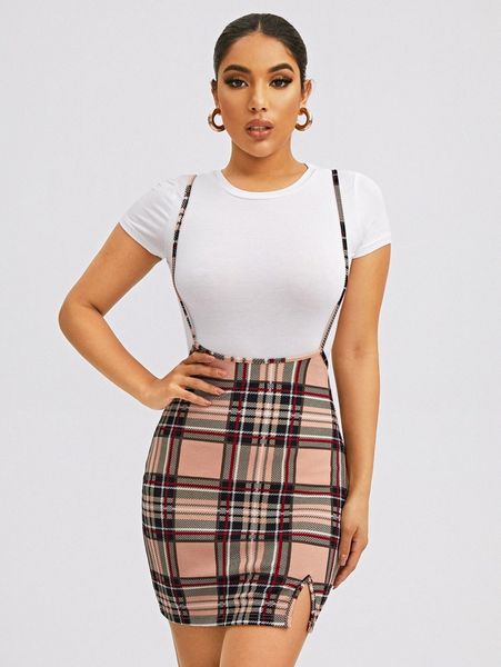 

split hem plaid suspender dress without tee x88y#, Black;gray