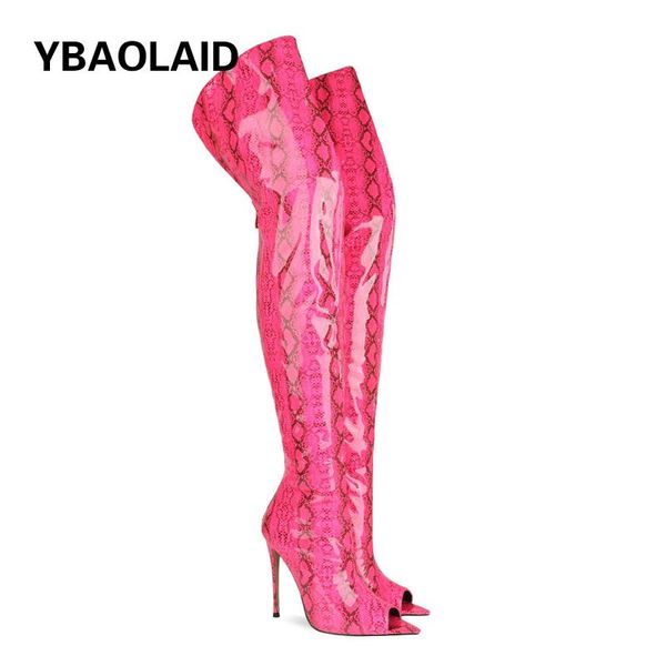 

boots spring and summer pointed fish mouth snake print over the knee 2021 fashion open toe back zipper stiletto sandals, Black