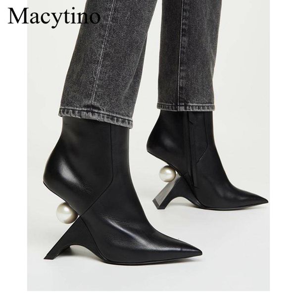 

boots fretwork heel pearl decor ankle women black genuine leather point toe side zip autumn winter runway booties m6af