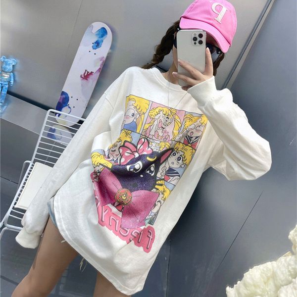

cartoon printed sweater women's loose korean version 2021 spring and autumn thin hat ls round neck long sleeve american fashion, Black