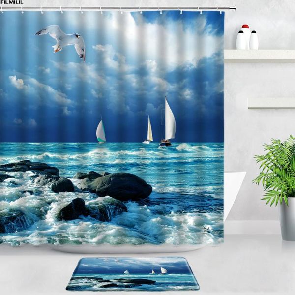 

shower curtains sailboat ocean scenery bath mats set bird sea wave boat natural landscape door pad bathroom anti-slip rugs decor