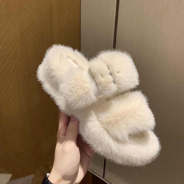 

slippers vertvie women fur slides fluffy with strap house winter shoes flat indoor, Black
