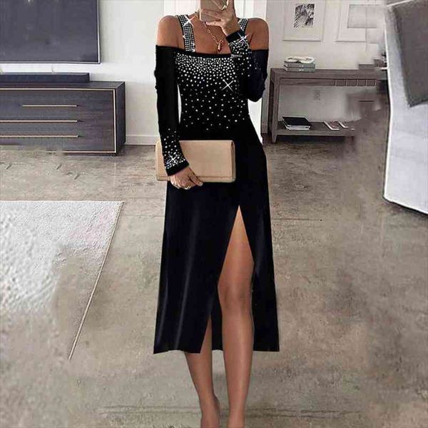 

fashion sequins halter long womens dress shoulderless high split party elegant solid ladies sleeve bodycon, Black;gray