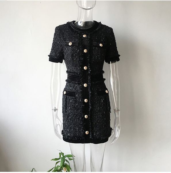 

European and American women's dresses for spring short sleeves Round collar Beautiful buttons Fashion tweed dress, Black;gray