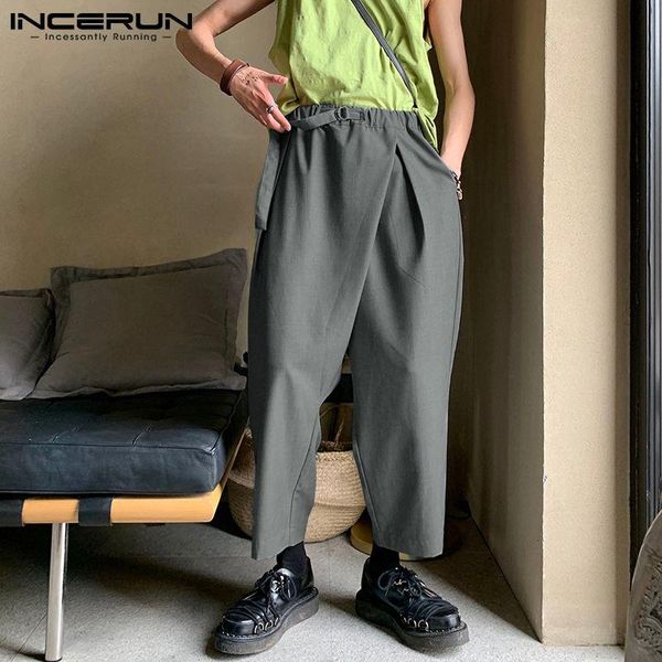 

men's pants incerun solid color men casual elastic waist streetwear loose drop crotch trousers 2021 fashion irregular s-5xl, Black