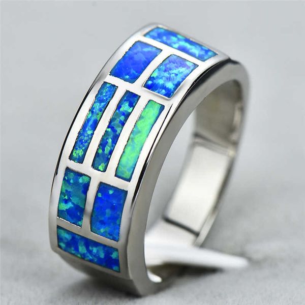 Klassische Braut Verlobungsring Vintage Männlich Weiblich Weiß Blau Opal Stein Ring Geometrische Silber Farbe Eheringe Für Frauen Männer X0715