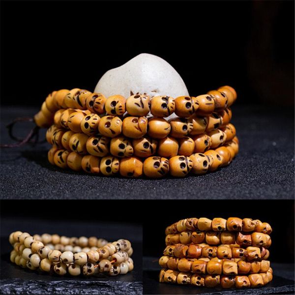 

beaded, strands natural tibetan cattle bone hand carved skull 108 beads mala skeleton bracelet men or women buddhist prayer dropship, Black