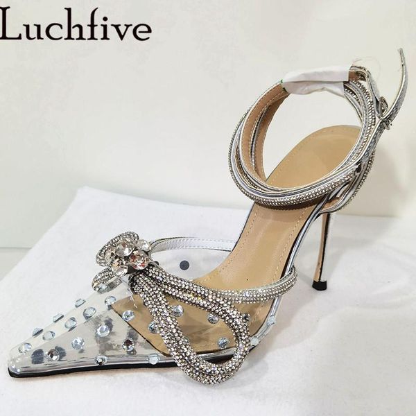 

sandals rhinestones pvc clear pointy toe party shoes thin high heels slippers crystal bowtie woman, Black