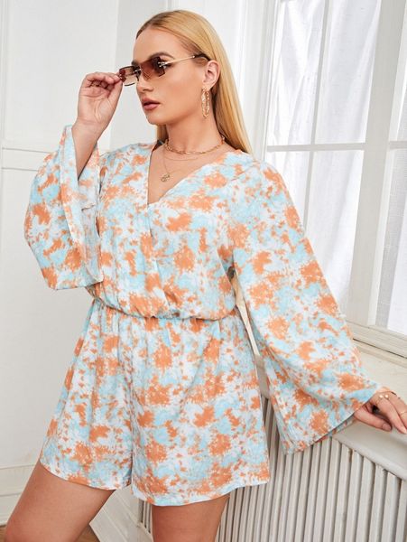 

plus tie dye overlap collar trumpet sleeve romper b0bl#, Black