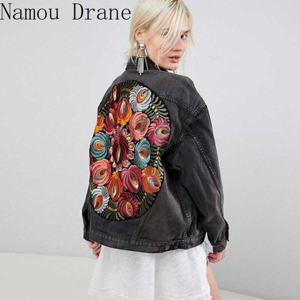 

oversized multi floral embroidered denim jacket outwear bohemian casual chic jacket coat women winter 210429, Black;brown