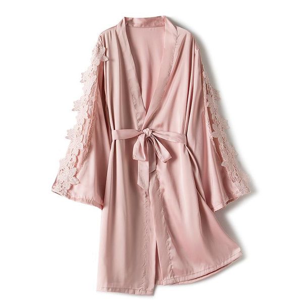 

women's sleepwear womens satin lace robe summer ice silk kimono gown loose v-neck solid casual thin bride bridesmaid bathrobe, Black;red