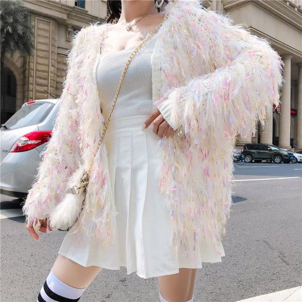 

women's knits & tees autumn winter women coat colorful fringed sweater all-match knitted cardigan shawl jacket, White
