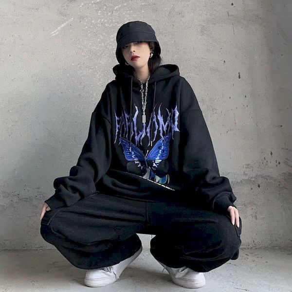 

women's hoodies & sweatshirts gothic women sweatshirt hooded pullover oversized long sleeve black butterfly loose velvet high street ko