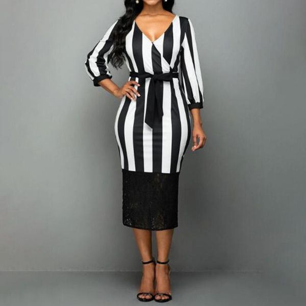 

casual dresses autumn 2021 plus size women clothing dress fashion temperament commute v-neck stripe african lace stitching, Black;gray