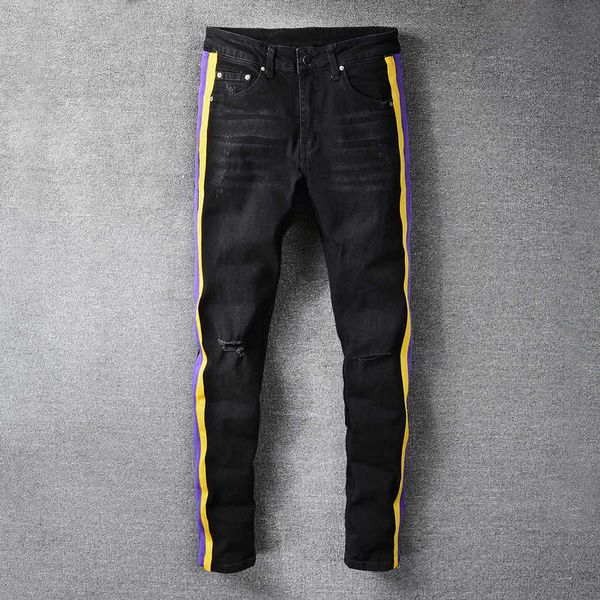 

men's jeans high street fashion elastic slim fit ripped for stripe patched designer hip hop denim punk pencil pants j6sd, Blue