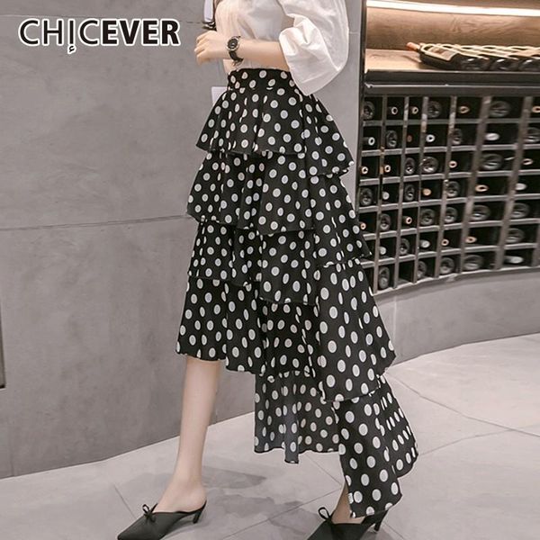 

skirts chicever spring irregular dot print skirt chiffon for women high elastic waist mid-calf female 2021 fashion, Black