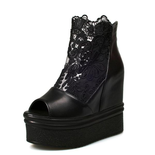 

boots lace fish mouth women's shoes wedges inner heightening platform mesh summer and autumn sandals, Black