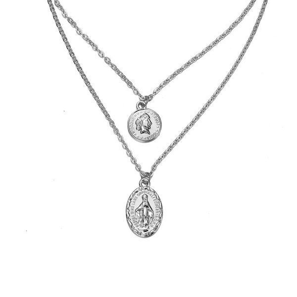 

f739 human head double layer pendant metal necklace creative simple alloy clavicle chain, Silver