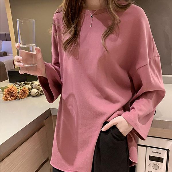 

women's t-shirt long-sleeved mid-length loose korean style spring solid color cotton bottoming shirt tide, White