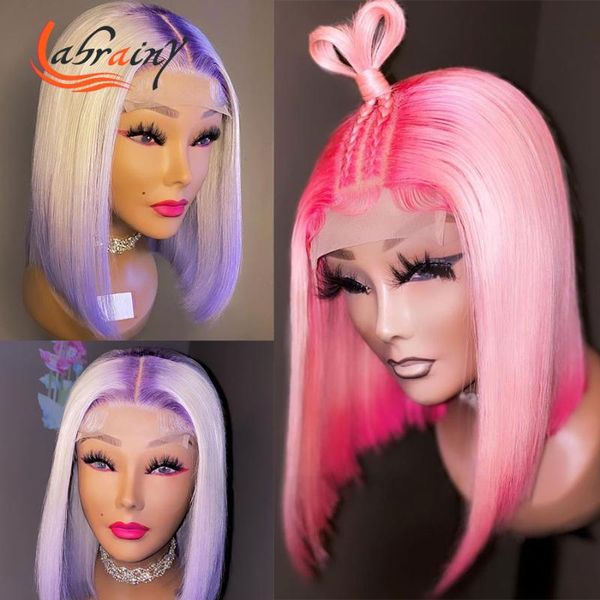 

lace wigs 13x5 highlight blue pink short bob hd frontal human hair ombre 613 pre plucked full color blonde front woman 13x6, Black;brown