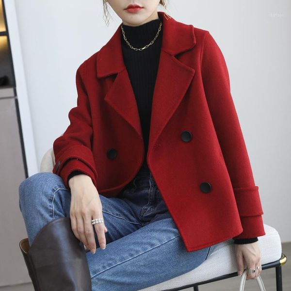 

women's wool & blends autumn and winter double-sided cashmere coat short small korean slim suit collar all tweed women, Black