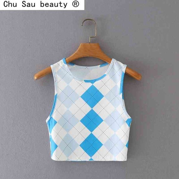 

chu sau beauty summer blue o neck plaid sleeveless vest + short high waist elastic wrap hip skirt suit female fashion 210508, White