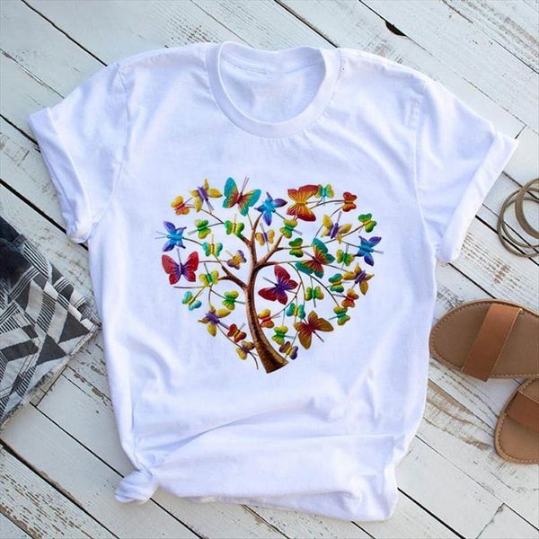 

butterfly tree heart print women harajuku graphic summer casual round neck short sleeve top, White