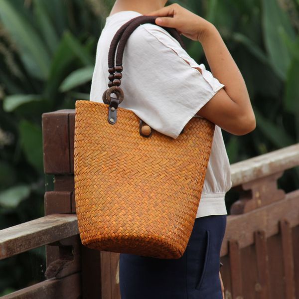 

woven bag straw bamboo brown stuff sackstotes leisure women's rattan shoulder hand