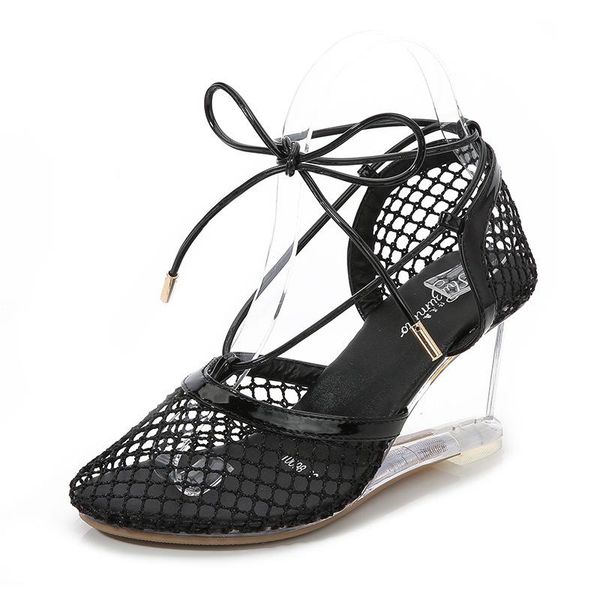 

dress shoes mclubgirl summer slope heel net 2021 crystal transparent high heels glass sandals hollow lace-up lfd, Black