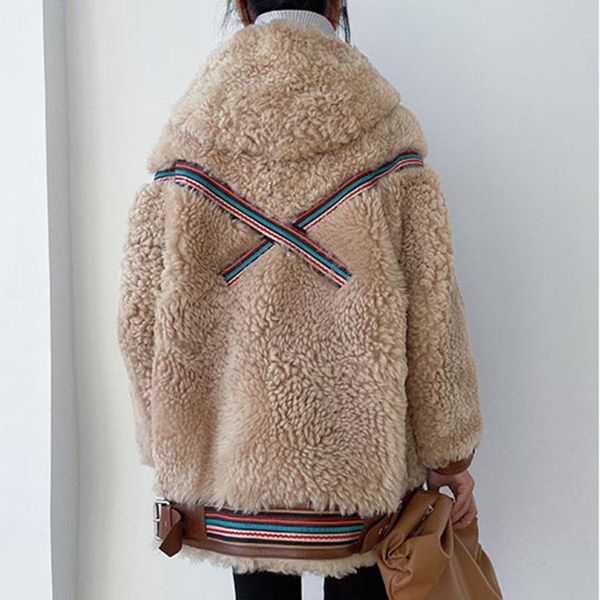 

women's fur & faux 2021 winter thickened warm lamb wool coat ladies long-sleeved hooded fashion stitching, Black