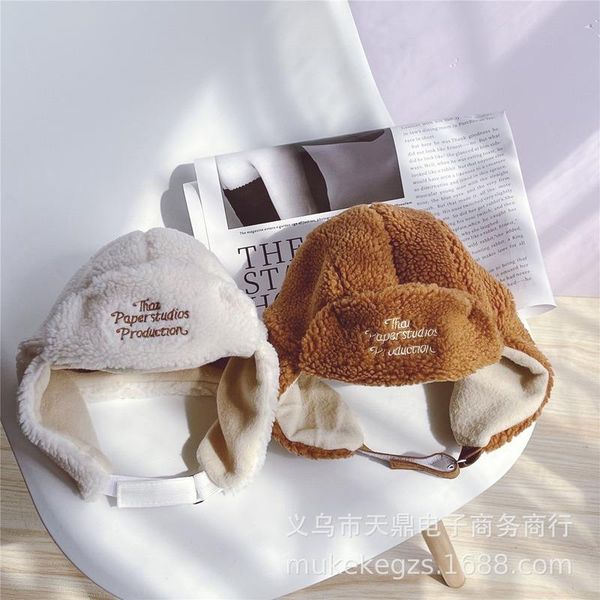 

caps & hats lamb cashmere children's lei feng hat winter tide warmth embroidery personality baby outing ear cap northeast, Yellow