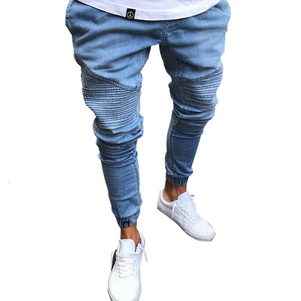 

men's pencil biker draped stylish slim fit jeans high street clothes for men denim trousers pleated pants, Blue