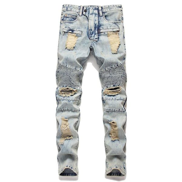 

fashion men ripped motorcycle jeans straight biker denim trousers pants for man washed distressed moto jean joggers men's, Blue