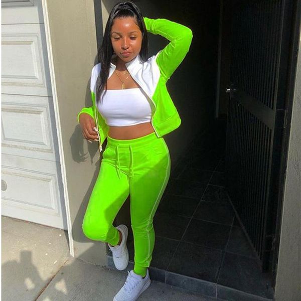 

women's two piece pants fashion tracksuits women casual sport two-pieces suit sets female patchwork coat & pant zip joggers 2 set 2021, White