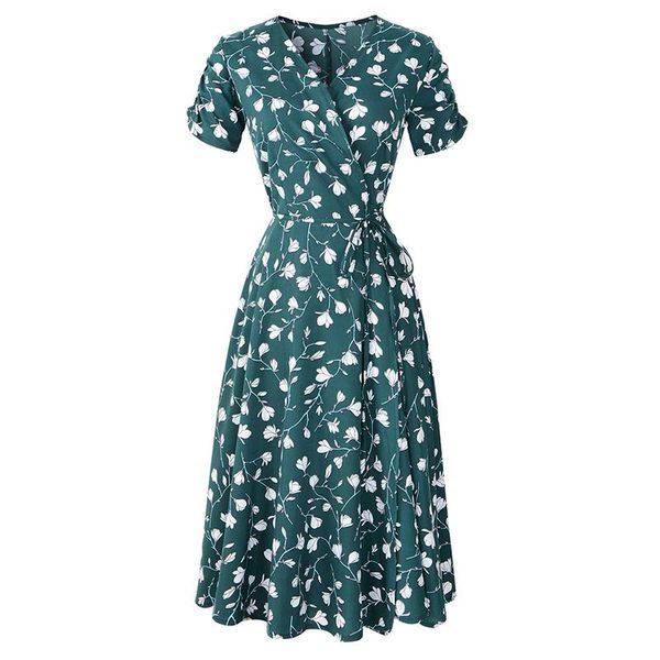 

women's swimwear casual flared dresses bohemian floral print wrap v neck short sleeve high waist flowy beach party midi with belt, White;black